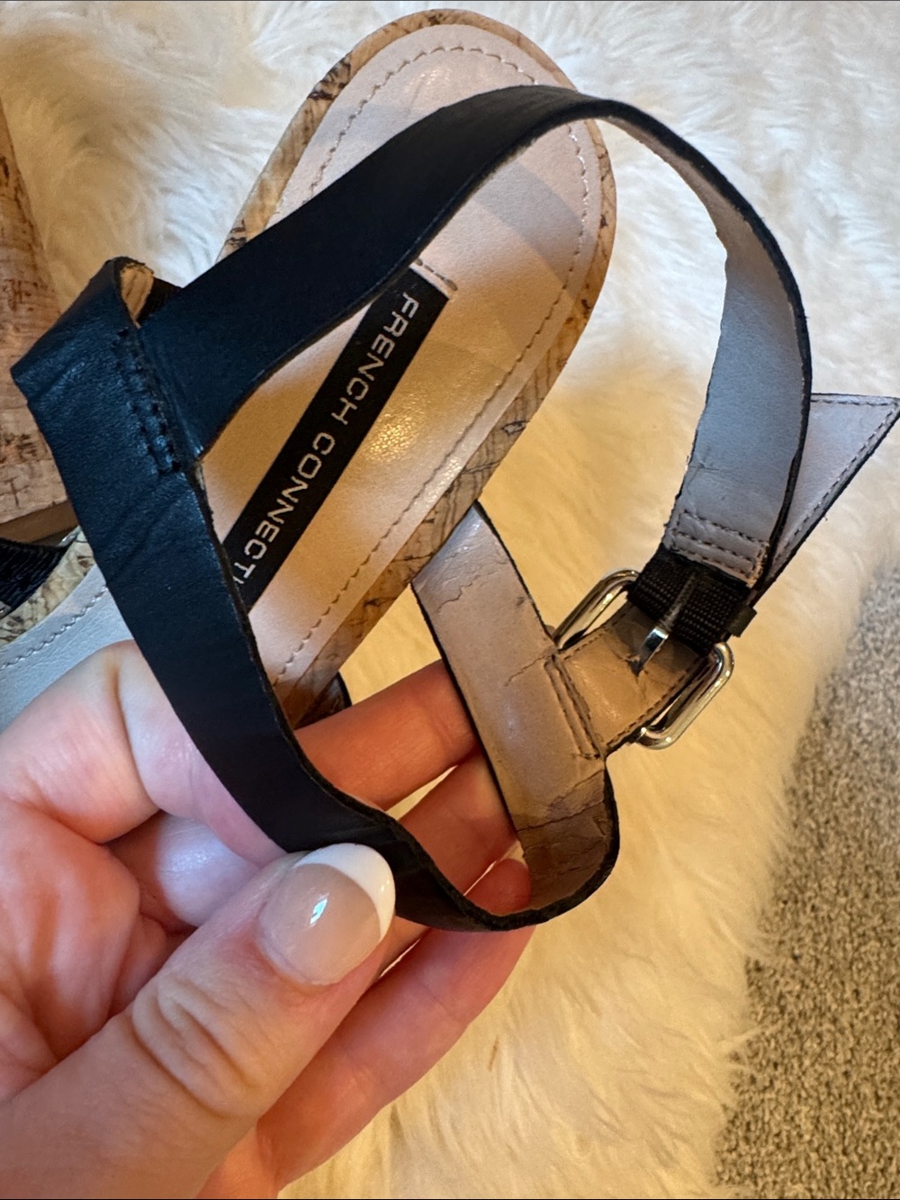 VGUC Size 8.5 French Connection Black Multi-Strap Dion Cork Wedge Sandals! - Picture 10 of 15